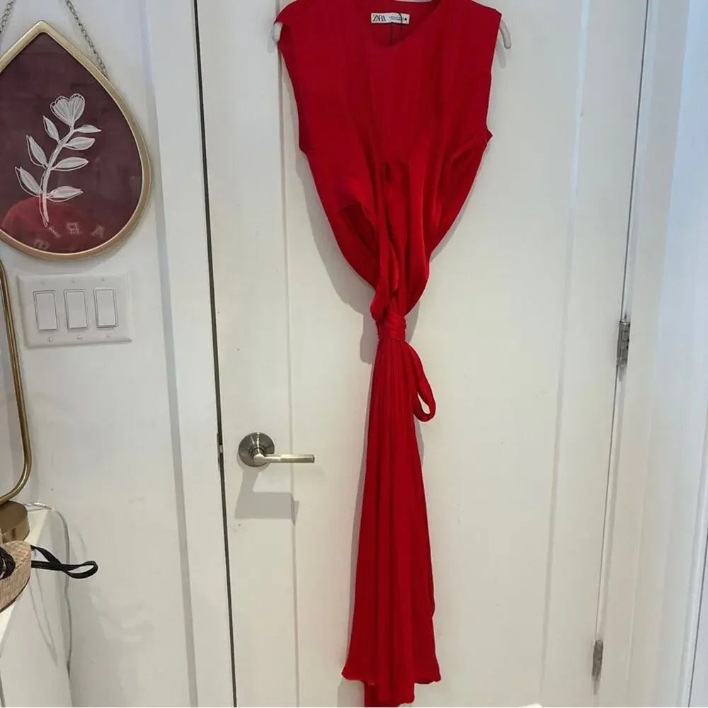 Zara Red Satin Sleeveless Maxi Wrap Dress Sz Medium - Picture 1 of 8